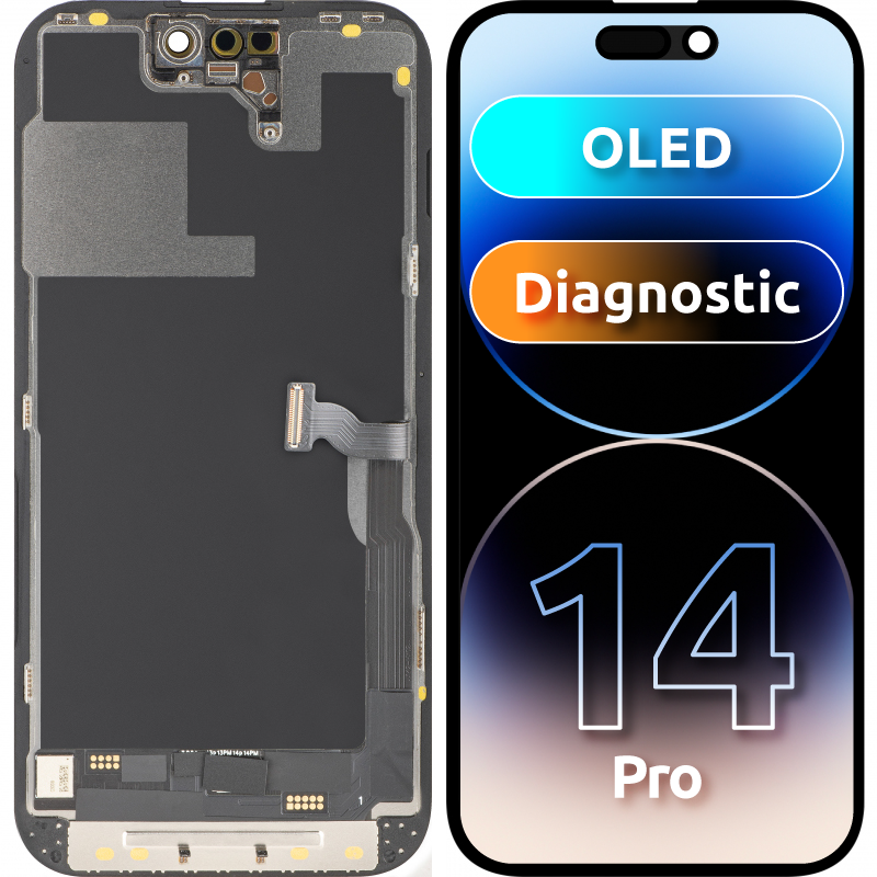 Display med MP Touchscreen kompatibel med Apple iPhone 14 Pro, med ramme, OLED FHD Diagnostic versjon, Svart