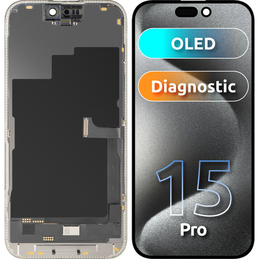 Display med MP Touchscreen kompatibel med Apple iPhone 15 Pro, med ramme, OLED FHD Diagnostic versjon, Svart