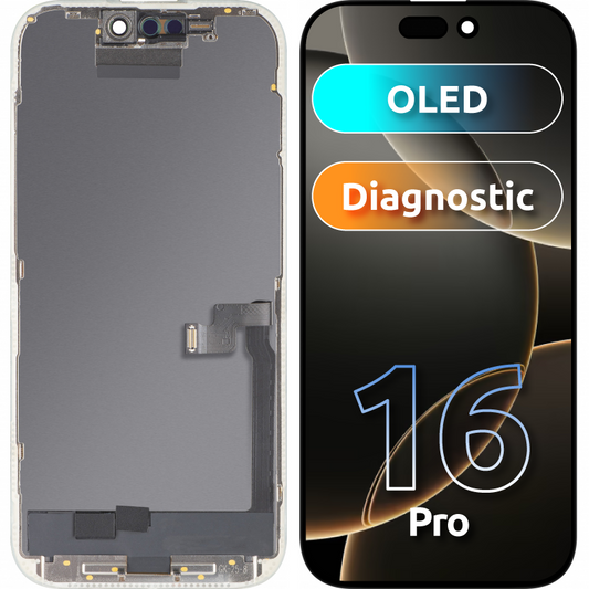 Display med MP Touchscreen kompatibel med Apple iPhone 16 Pro, med ramme, OLED FHD Diagnostic versjon, Svart