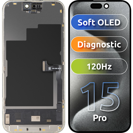 Display med MP Touchscreen kompatibel med Apple iPhone 15 Pro, med Ramme, Soft OLED FHD 120Hz Diagnostisk Versjon, Svart