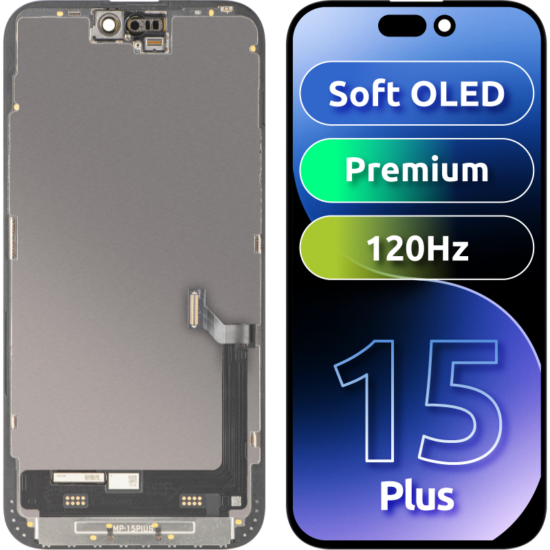MP berøringsskjermdisplay kompatibelt med Apple iPhone 15 Plus, med ramme, Premium Soft OLED FHD 120Hz versjon, svart