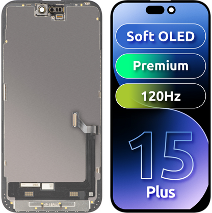 MP berøringsskjermdisplay kompatibelt med Apple iPhone 15 Plus, med ramme, Premium Soft OLED FHD 120Hz versjon, svart