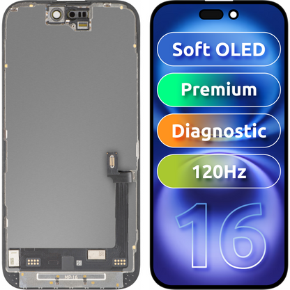 MP berøringsskjermdisplay kompatibelt med Apple iPhone 16, med ramme, Premium Soft OLED FHD 120Hz diagnostisk versjon, svart