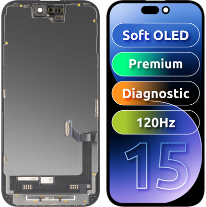 MP berøringsskjermdisplay kompatibelt med Apple iPhone 15, med ramme, Premium Soft OLED FHD 120Hz diagnostisk versjon, svart