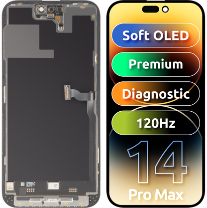 MP berøringsskjermdisplay kompatibelt med Apple iPhone 14 Pro Max, med ramme, Premium Soft OLED FHD 120Hz diagnostisk versjon, svart