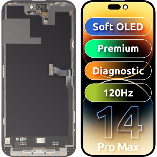 MP berøringsskjermdisplay kompatibelt med Apple iPhone 14 Pro Max, med ramme, Premium Soft OLED FHD 120Hz diagnostisk versjon, svart