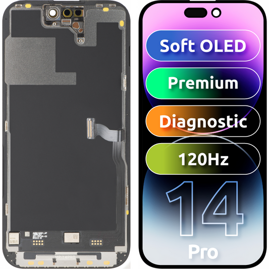 MP berøringsskjermdisplay kompatibelt med Apple iPhone 14 Pro, med ramme, Premium Soft OLED FHD 120Hz diagnostisk versjon, svart
