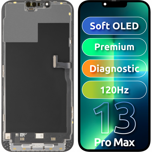MP berøringsskjermdisplay kompatibelt med Apple iPhone 13 Pro Max, med ramme, Premium Soft OLED FHD 120Hz diagnostisk versjon, svart