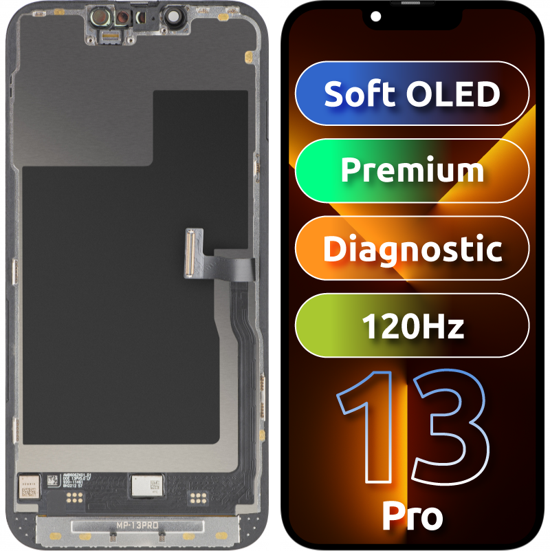 MP berøringsskjermdisplay kompatibelt med Apple iPhone 13 Pro, med ramme, Premium Soft OLED FHD 120Hz diagnostisk versjon, svart