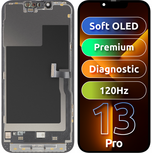 MP berøringsskjermdisplay kompatibelt med Apple iPhone 13 Pro, med ramme, Premium Soft OLED FHD 120Hz diagnostisk versjon, svart