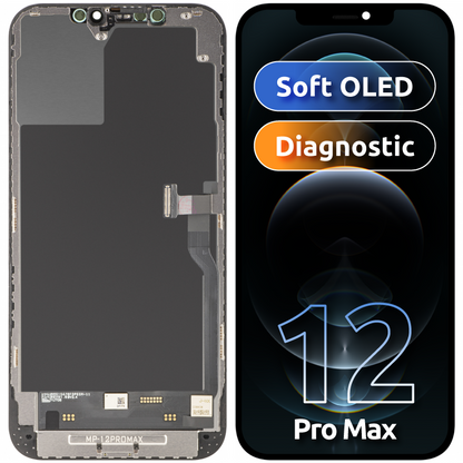 MP berøringsskjermdisplay kompatibelt med Apple iPhone 12 Pro Max, med ramme, OLED FHD diagnostisk programvareversjon, svart