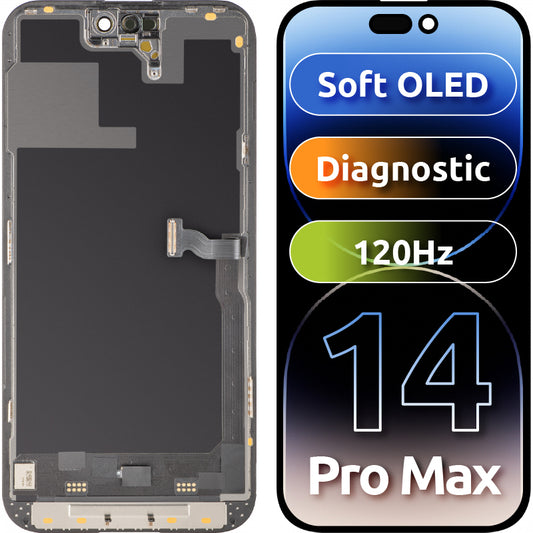 Display med MP Touchscreen kompatibel med Apple iPhone 14 Pro Max, med ramme, Soft OLED 120Hz FHD Diagnostic versjon, Svart