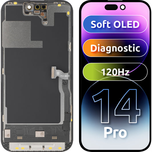 Display med MP Touchscreen kompatibel med Apple iPhone 14 Pro, med ramme, Soft OLED 120Hz FHD Diagnostic versjon, Svart