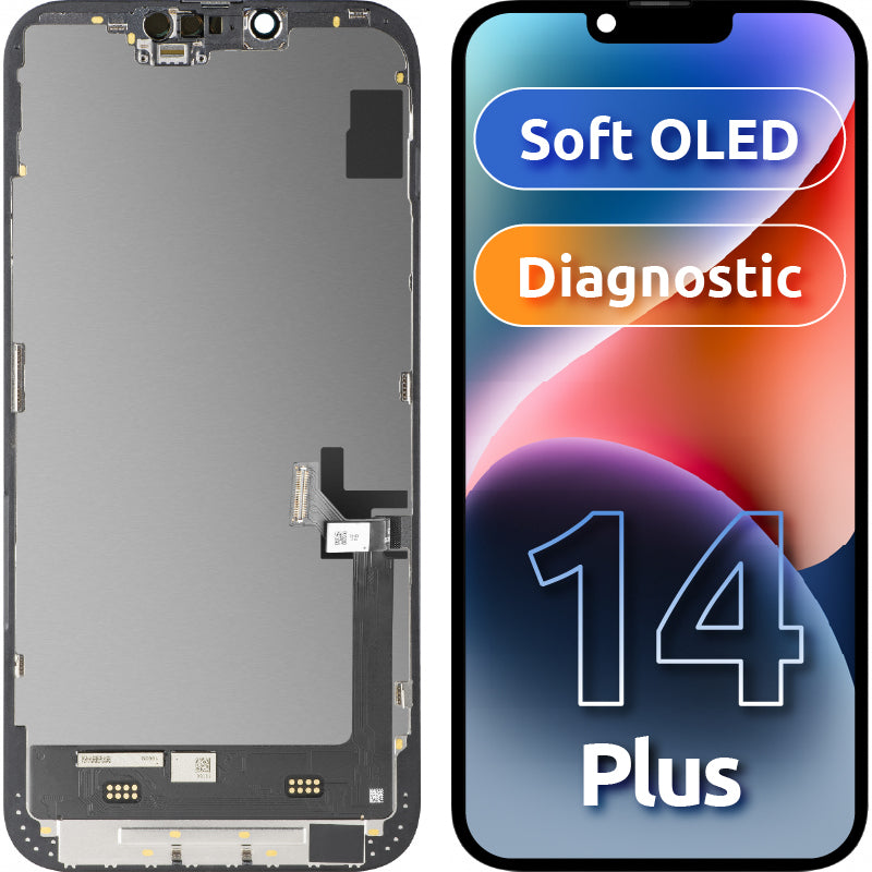 Display med MP Touchscreen kompatibel med Apple iPhone 14 Plus, med ramme, Soft OLED FHD Diagnostic versjon, Svart