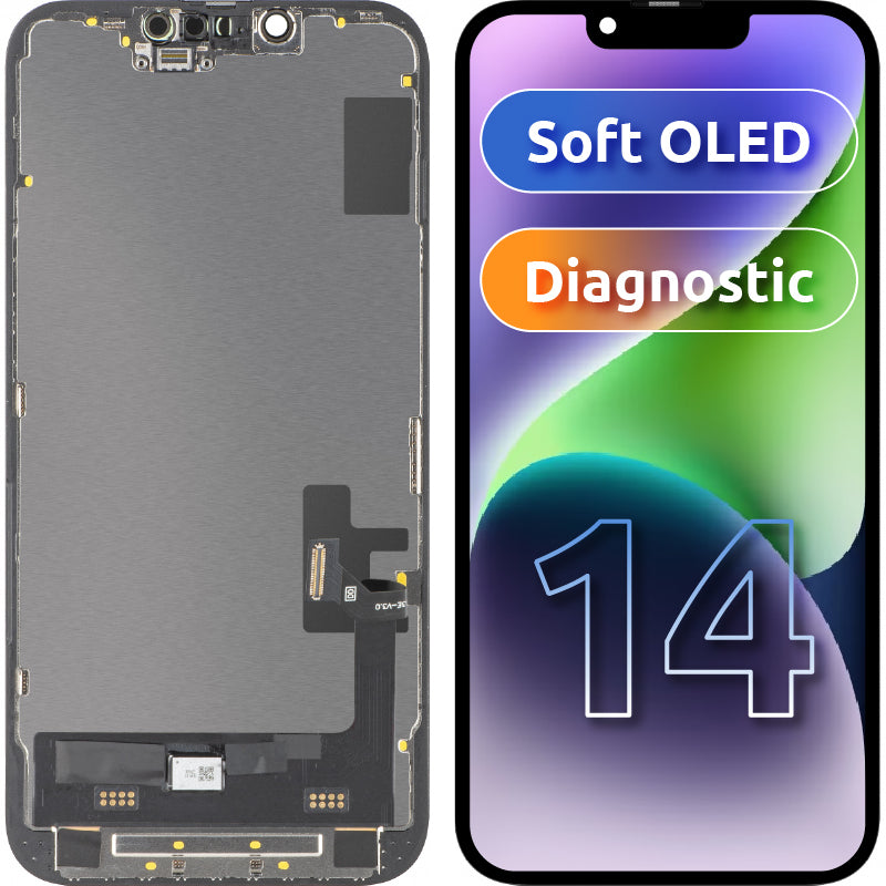 Display med MP Touchscreen kompatibel med Apple iPhone 14, med ramme, Soft OLED FHD Diagnostic versjon, Svart