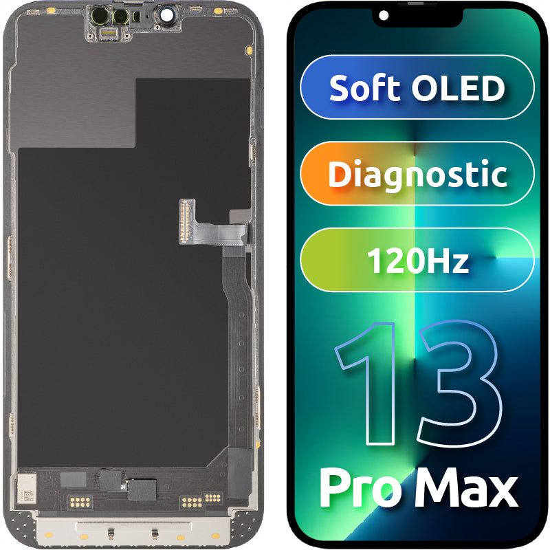 Display med MP Touchscreen kompatibel med Apple iPhone 13 Pro Max, med ramme, Soft OLED 120Hz FHD Diagnostic versjon, Svart