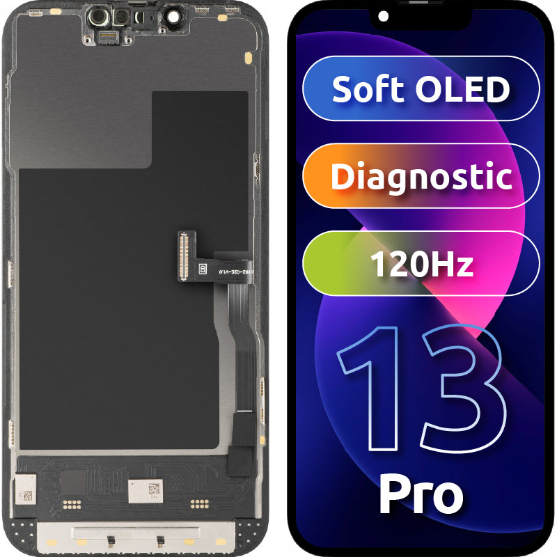 Display med MP Touchscreen kompatibel med Apple iPhone 13 Pro, med ramme, Soft OLED 120Hz FHD Diagnostic versjon, Svart