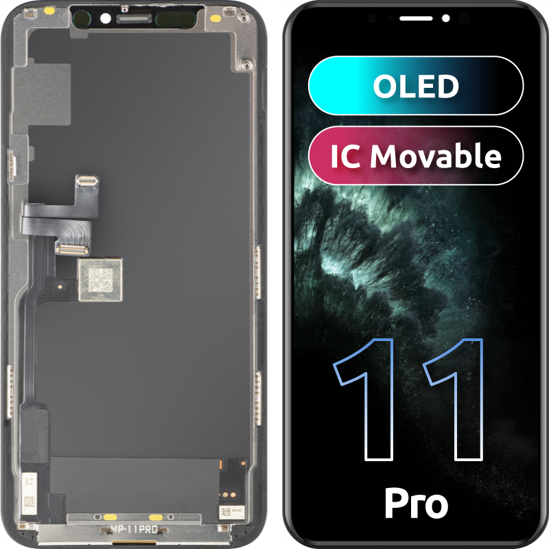 MP berøringsskjermdisplay kompatibel med Apple iPhone 11 Pro, med ramme, OLED FHD IC flyttbar versjon, svart