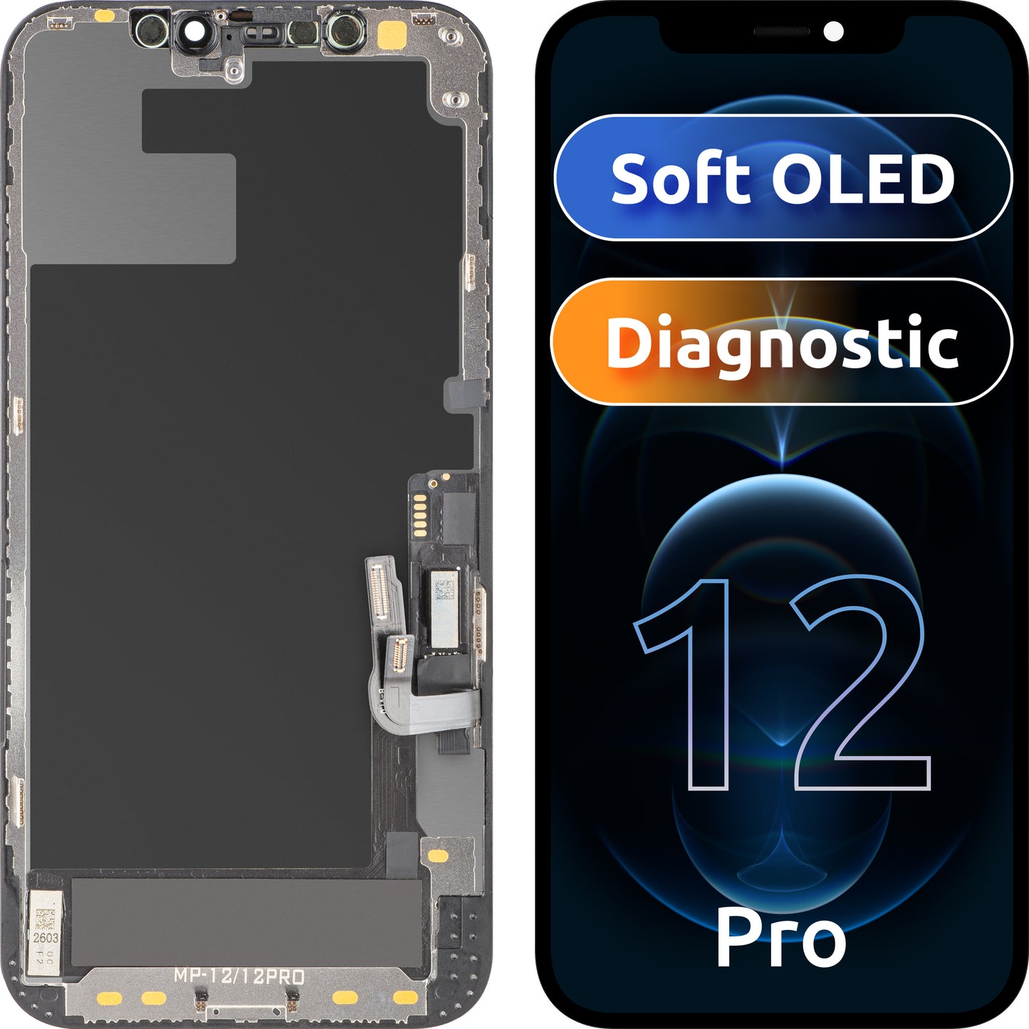 MP berøringsskjermdisplay kompatibelt med Apple iPhone 12 / 12 Pro, med ramme, OLED FHD diagnostisk programvareversjon, svart