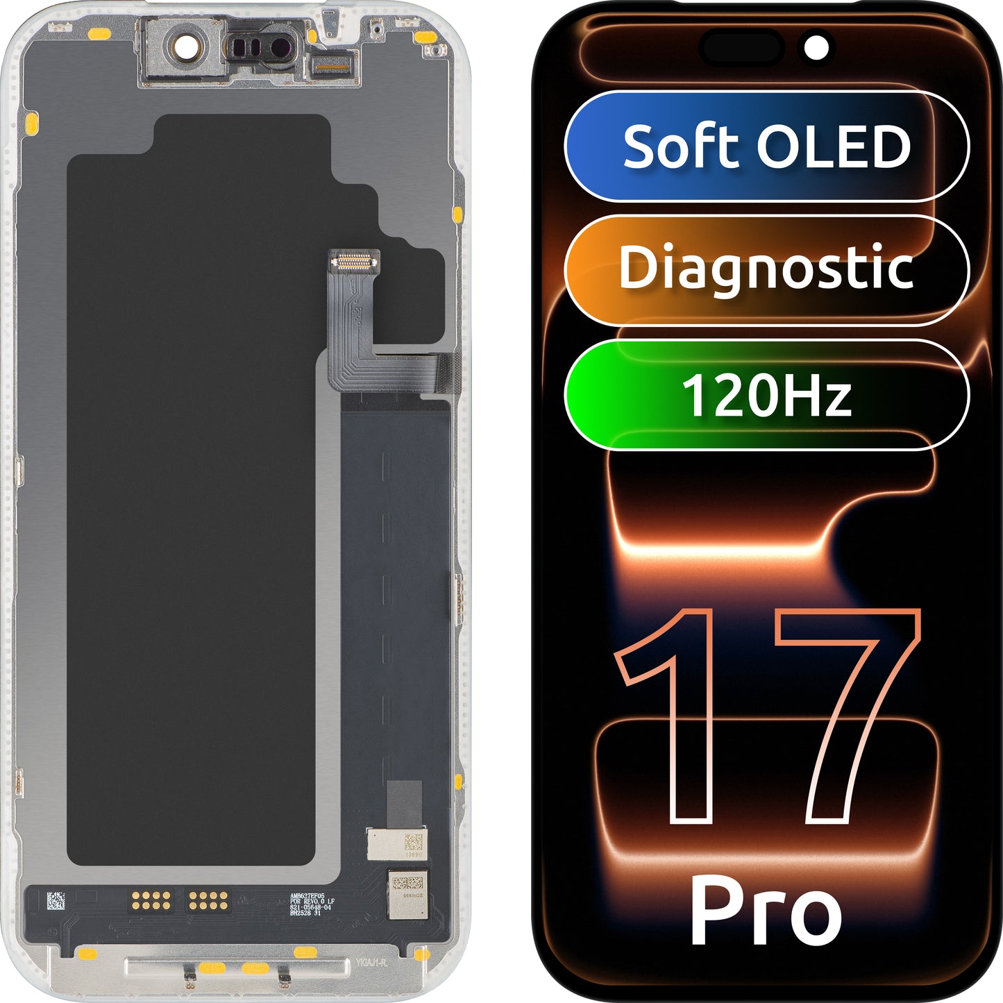 MP berøringsskjermdisplay kompatibelt med Apple iPhone 17 Pro, med ramme, OLED FHD 120Hz diagnostisk programvareversjon, svart