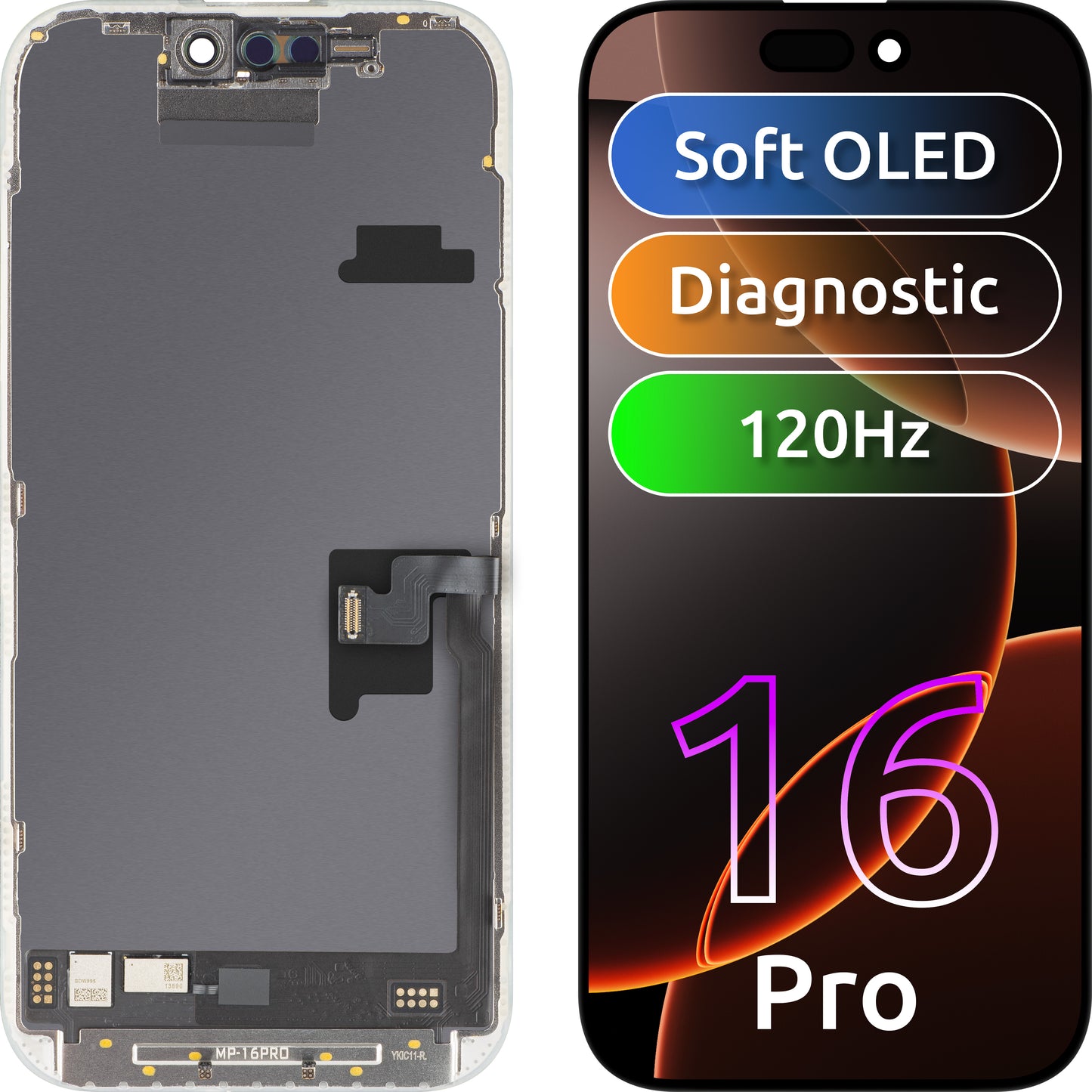 MP berøringsskjermdisplay kompatibelt med Apple iPhone 16 Pro, med ramme, OLED FHD 120Hz diagnostisk programvareversjon, svart