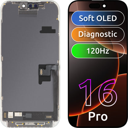 MP berøringsskjermdisplay kompatibelt med Apple iPhone 16 Pro, med ramme, OLED FHD 120Hz diagnostisk programvareversjon, svart