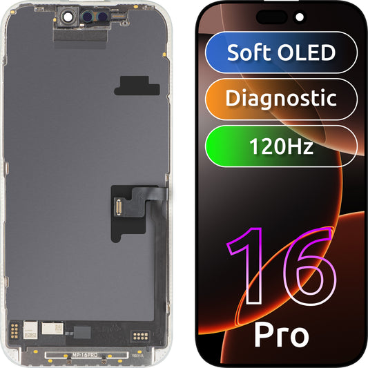 MP berøringsskjermdisplay kompatibelt med Apple iPhone 16 Pro, med ramme, OLED FHD 120Hz diagnostisk programvareversjon, svart