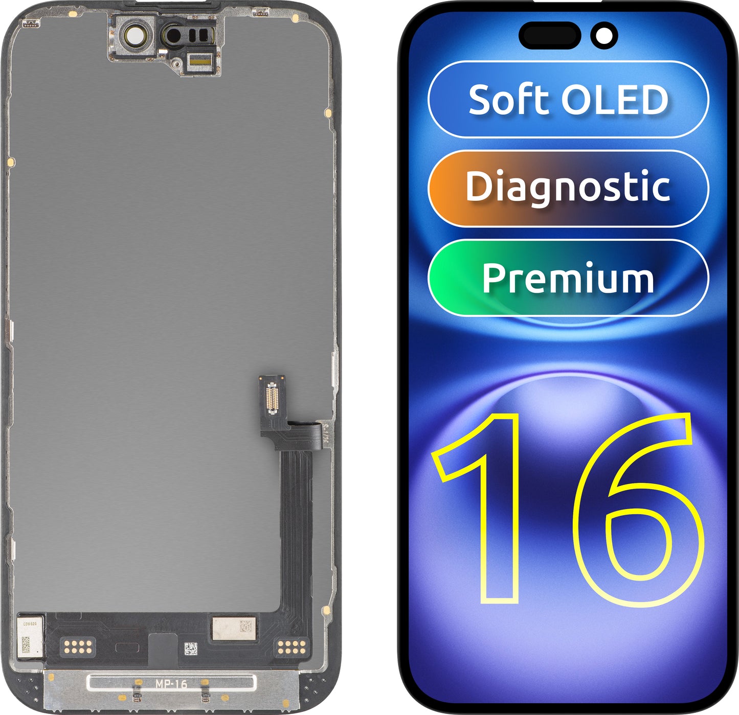 MP berøringsskjermdisplay kompatibelt med Apple iPhone 16, med ramme, Premium Soft OLED FHD diagnostisk versjon, svart
