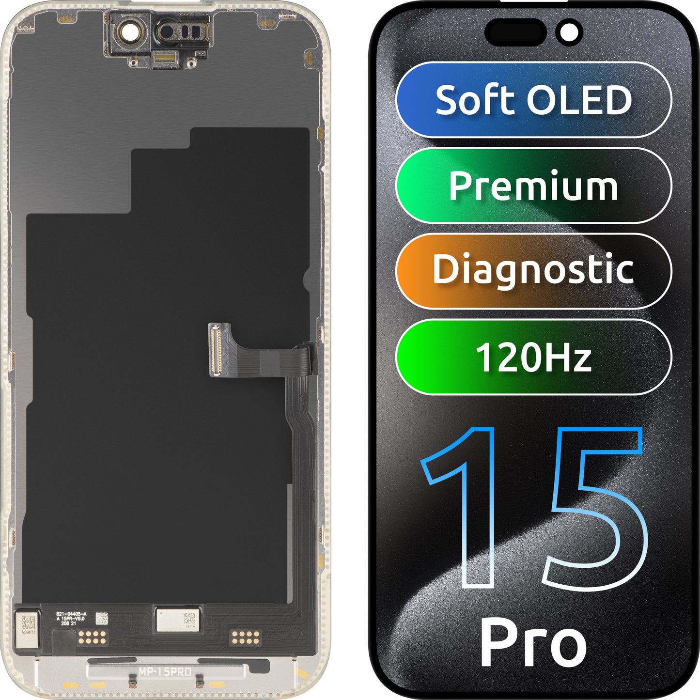 MP berøringsskjermdisplay kompatibelt med Apple iPhone 15 Pro, med ramme, Premium Soft OLED FHD 120Hz diagnostisk versjon, svart
