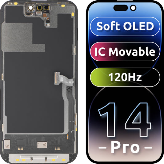 Display med MP Touchscreen kompatibel med Apple iPhone 14 Pro, med ramme, Soft OLED IC Movable 120Hz FHD-versjon, Svart