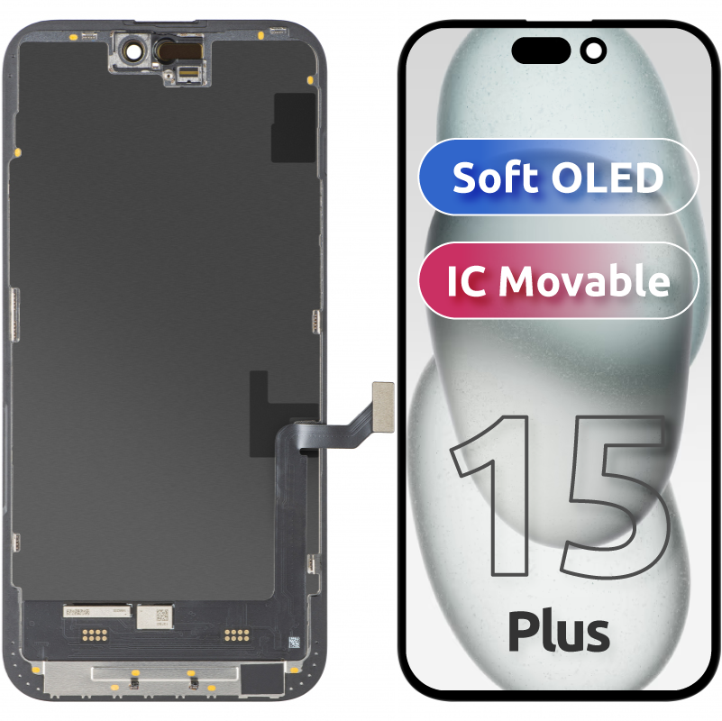 Display med MP Touchscreen kompatibel med Apple iPhone 15 Plus, med ramme, Soft OLED FHD IC Movable versjon, Svart