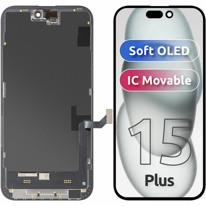 Display med MP Touchscreen kompatibel med Apple iPhone 15 Plus, med ramme, Soft OLED FHD IC Movable versjon, Svart