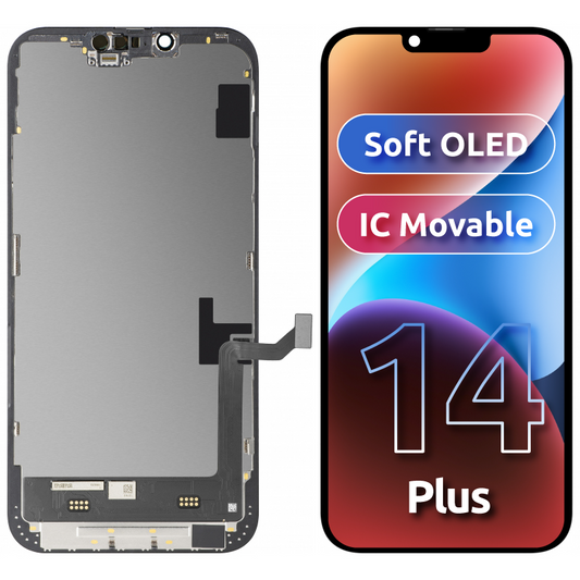 Display med MP Touchscreen kompatibel med Apple iPhone 14 Plus, med ramme, Soft OLED FHD IC Movable versjon, Svart