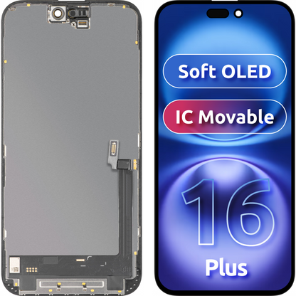 Display med MP Touchscreen kompatibel med Apple iPhone 16 Plus, med ramme, Soft OLED IC Movable FHD-versjon, Svart