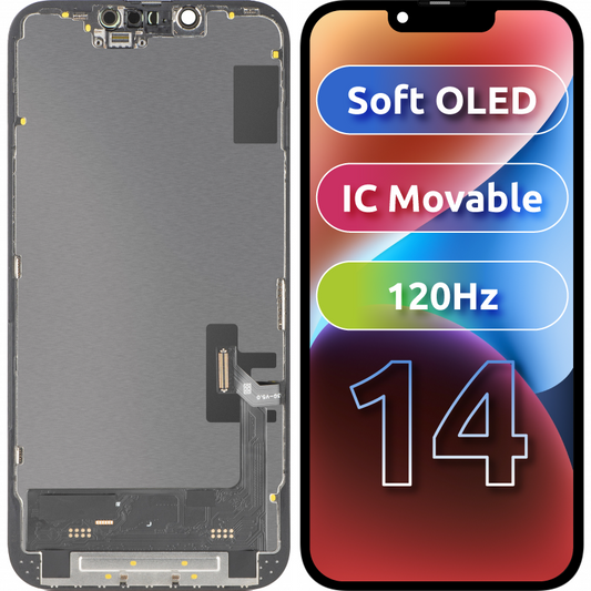 Display med MP Touchscreen kompatibel med Apple iPhone 14, med ramme, Soft OLED FHD 120Hz IC Movable versjon, Svart