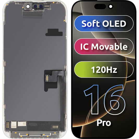 Display med MP Touchscreen kompatibel med Apple iPhone 16 Pro, med ramme, Soft OLED FHD 120Hz IC Movable versjon, Svart