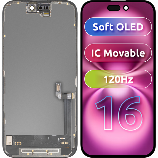 Display med MP Touchscreen kompatibel med Apple iPhone 16, med ramme, Soft OLED FHD 120Hz IC Movable versjon, Svart