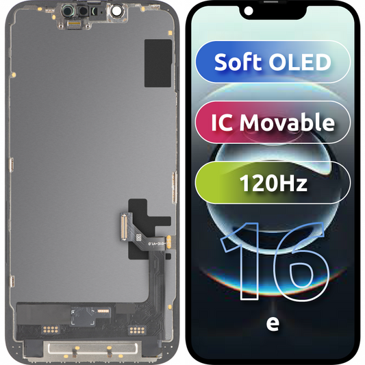 MP berøringsskjermdisplay kompatibel med Apple iPhone 17e / 16e, med ramme, Soft OLED FHD 120Hz IC flyttbar versjon, svart