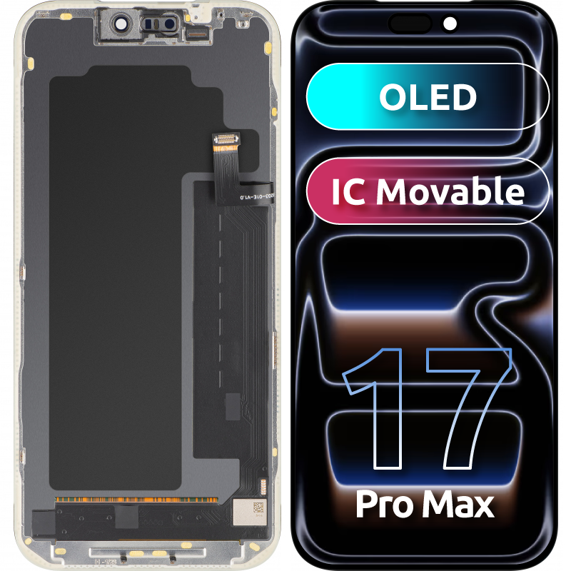 MP berøringsskjermdisplay kompatibelt med Apple iPhone 17 Pro Max, med ramme, OLED FHD IC Movable-versjon, svart