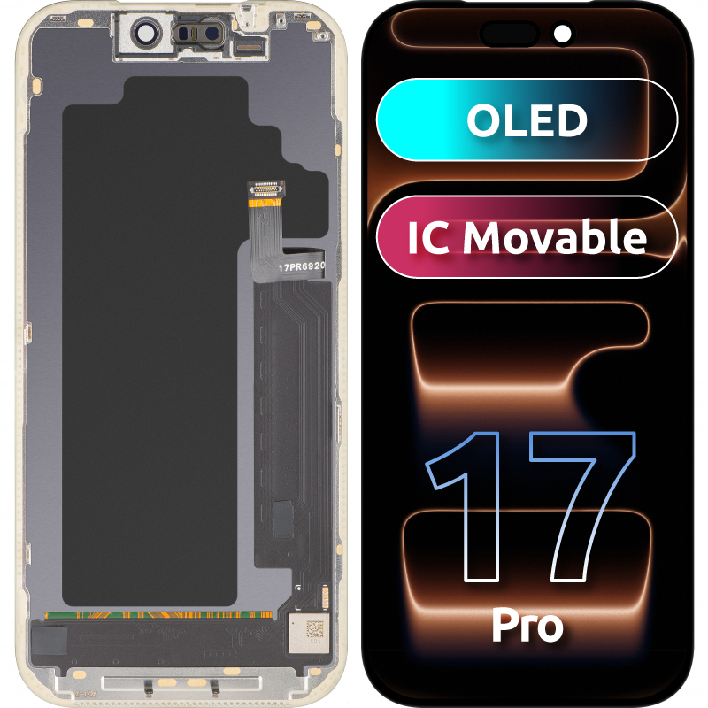 MP berøringsskjermdisplay kompatibelt med Apple iPhone 17 Pro, med ramme, OLED FHD IC Movable-versjon, svart