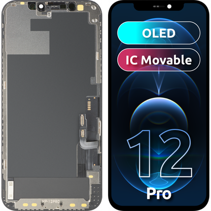 MP berøringsskjermdisplay kompatibelt med Apple iPhone 12 / 12 Pro, med ramme, OLED FHD IC flyttbar versjon, svart