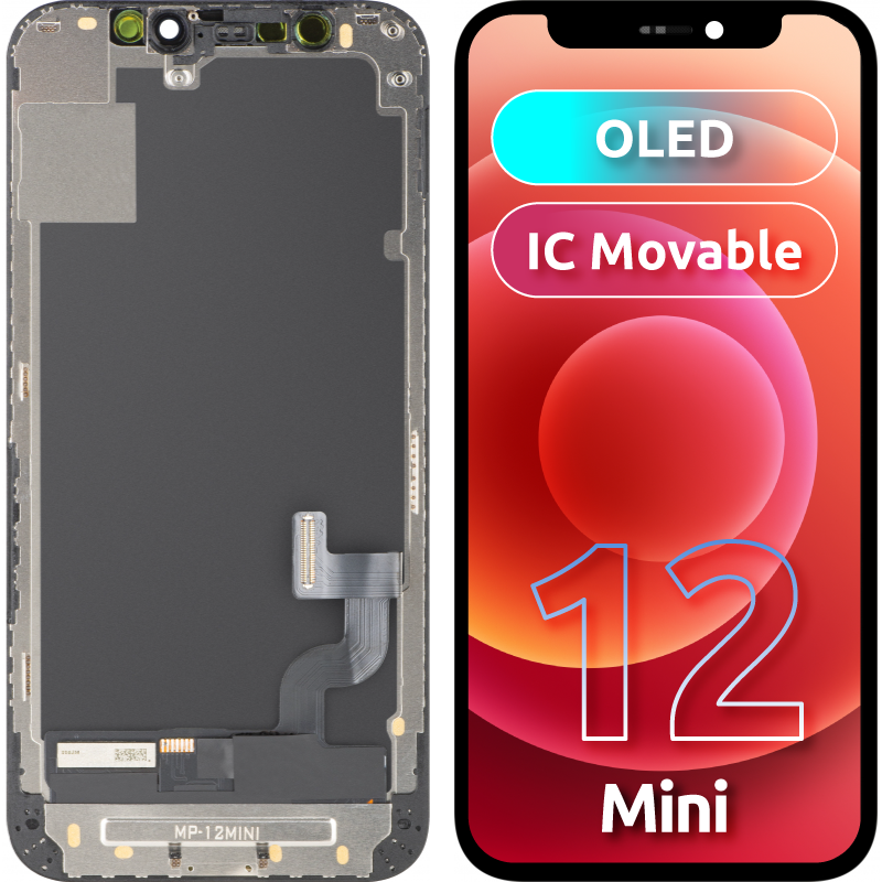 MP berøringsskjermdisplay kompatibel med Apple iPhone 12 mini, med ramme, OLED FHD IC flyttbar versjon, svart