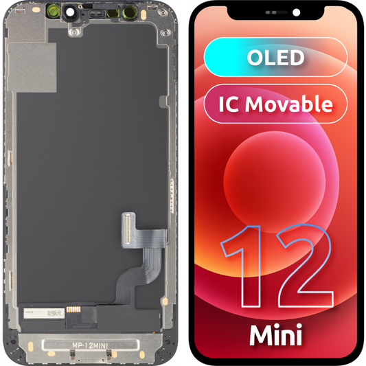 MP berøringsskjermdisplay kompatibel med Apple iPhone 12 mini, med ramme, OLED FHD IC flyttbar versjon, svart