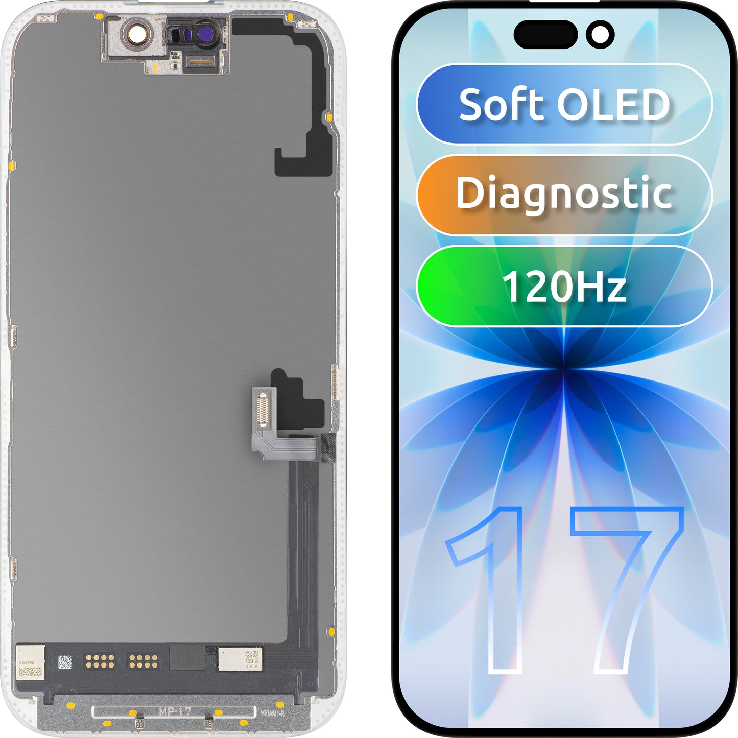 MP berøringsskjermdisplay kompatibelt med Apple iPhone 17, med ramme, OLED FHD 120Hz diagnostisk programvareversjon, svart
