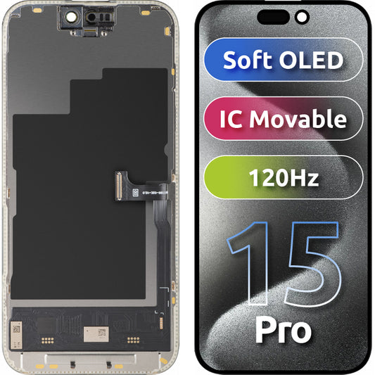 Display med MP Touchscreen kompatibel med Apple iPhone 15 Pro, med ramme, Soft OLED IC Movable 120Hz FHD-versjon, Svart