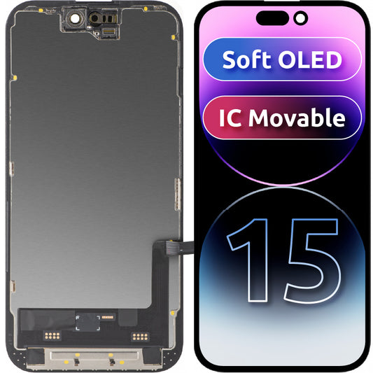 Display med MP Touchscreen kompatibel med Apple iPhone 15, med ramme, Soft OLED FHD IC Movable versjon, Svart