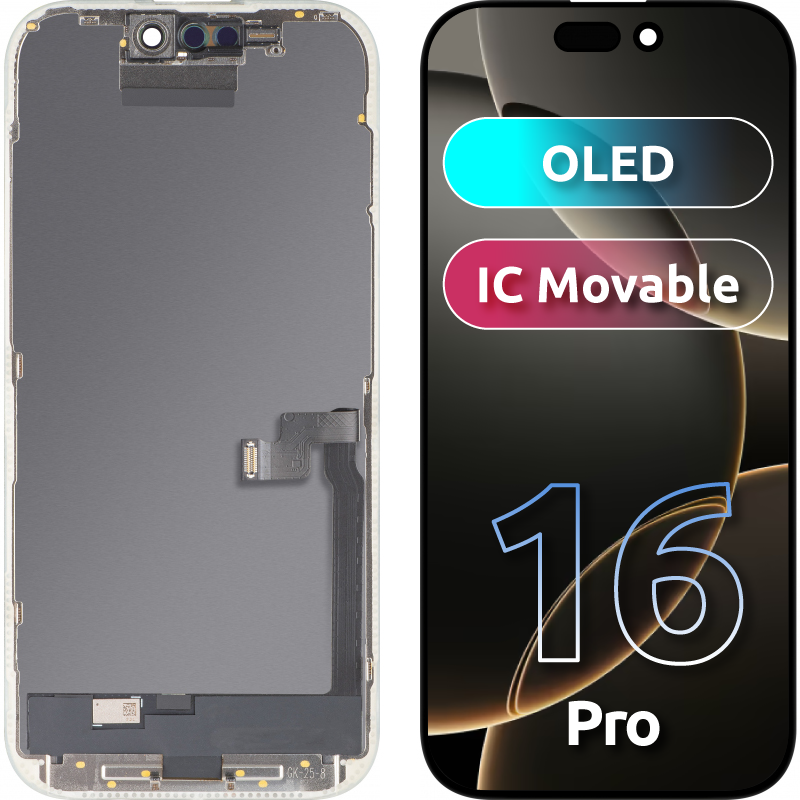 Display med MP Touchscreen kompatibel med Apple iPhone 16 Pro, med ramme, OLED FHD IC Movable versjon, Svart