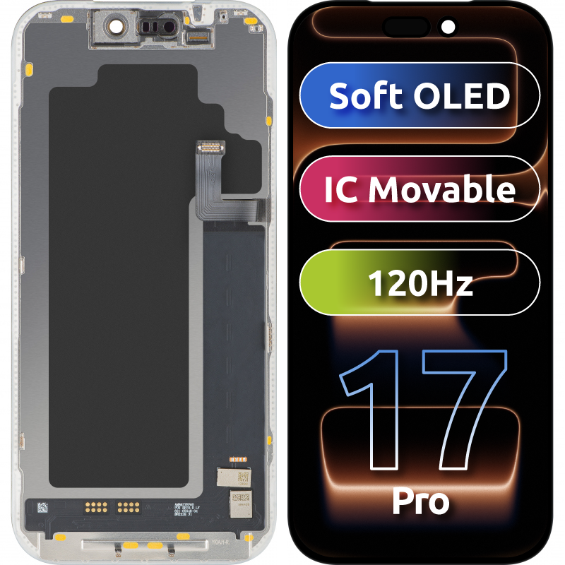 MP berøringsskjermdisplay kompatibelt med Apple iPhone 17 Pro, med ramme, Soft OLED FHD 120Hz IC flyttbar versjon, svart