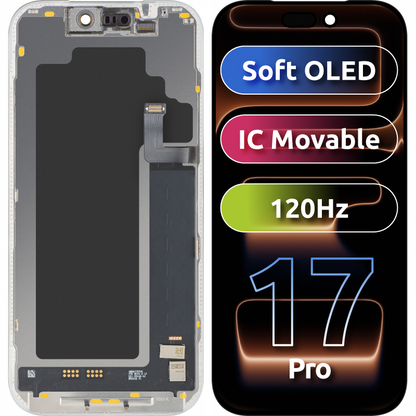 MP berøringsskjermdisplay kompatibelt med Apple iPhone 17 Pro, med ramme, Soft OLED FHD 120Hz IC flyttbar versjon, svart