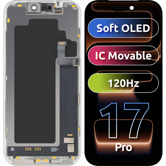 MP berøringsskjermdisplay kompatibelt med Apple iPhone 17 Pro, med ramme, Soft OLED FHD 120Hz IC flyttbar versjon, svart